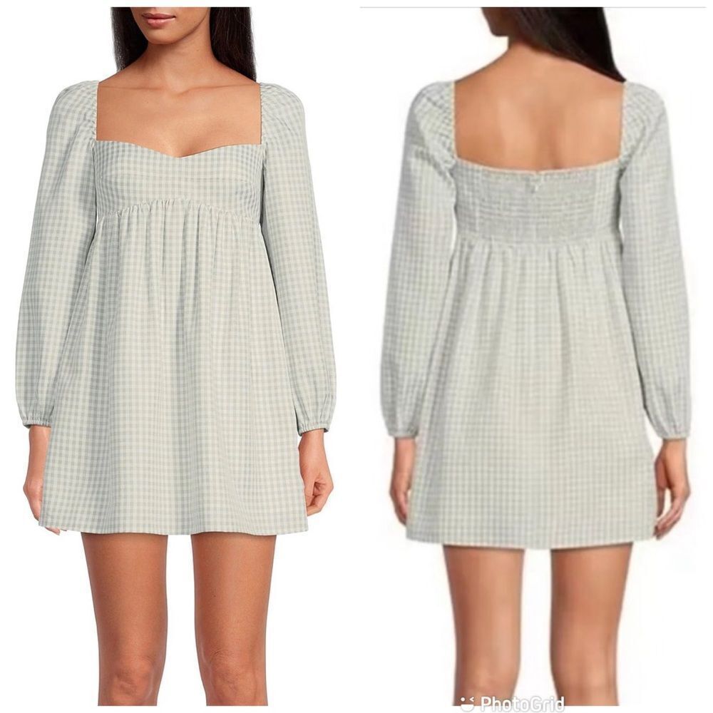 GIANNI BINI Sage Green Gingham Mini Milkmaid Dress Long Sleeve Peasant Size 4
